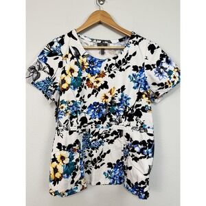 Jaanuu Tunic Top Women's Large Floral Print White Pocket Scrub Shirt Nursing